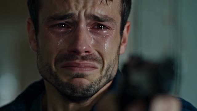 First beat of the video: a crying man in close-up with a pistol blurred in the foreground