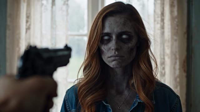 Second beat: a pale, turned woman standing in front of a window, seen over the pistol