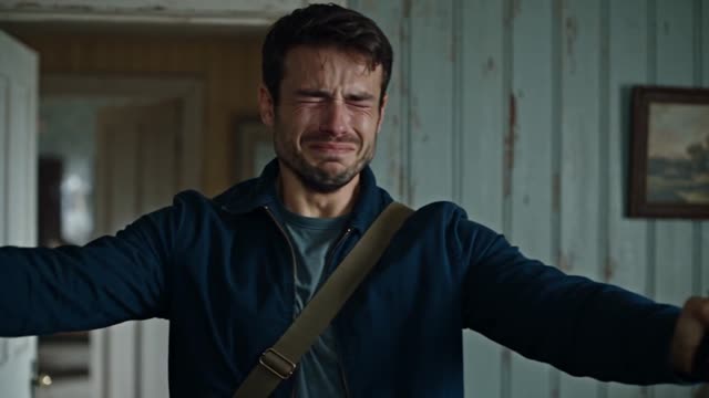 Third beat: the man lowers the pistol and opens both arms with his eyes closed