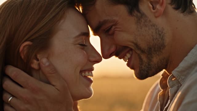 Fourth beat: the same two people laughing with their foreheads together in a wheat field at sunset